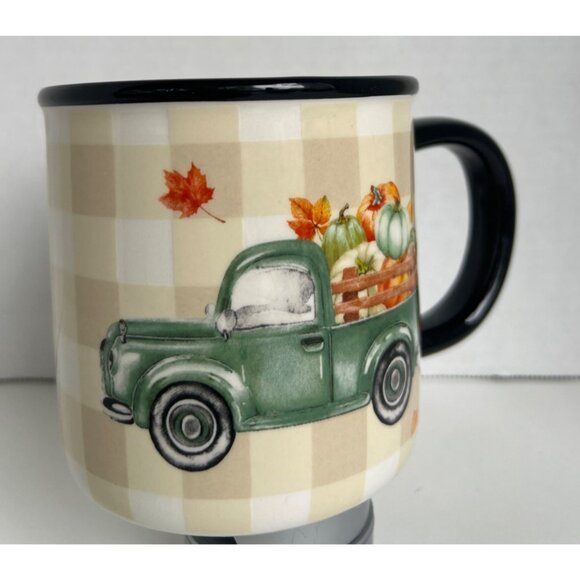 Vintage-Inspired Fall Truck Mug 16 Oz Cream/Black Buffalo Check Farmhouse Core - Picture 2 of 9
